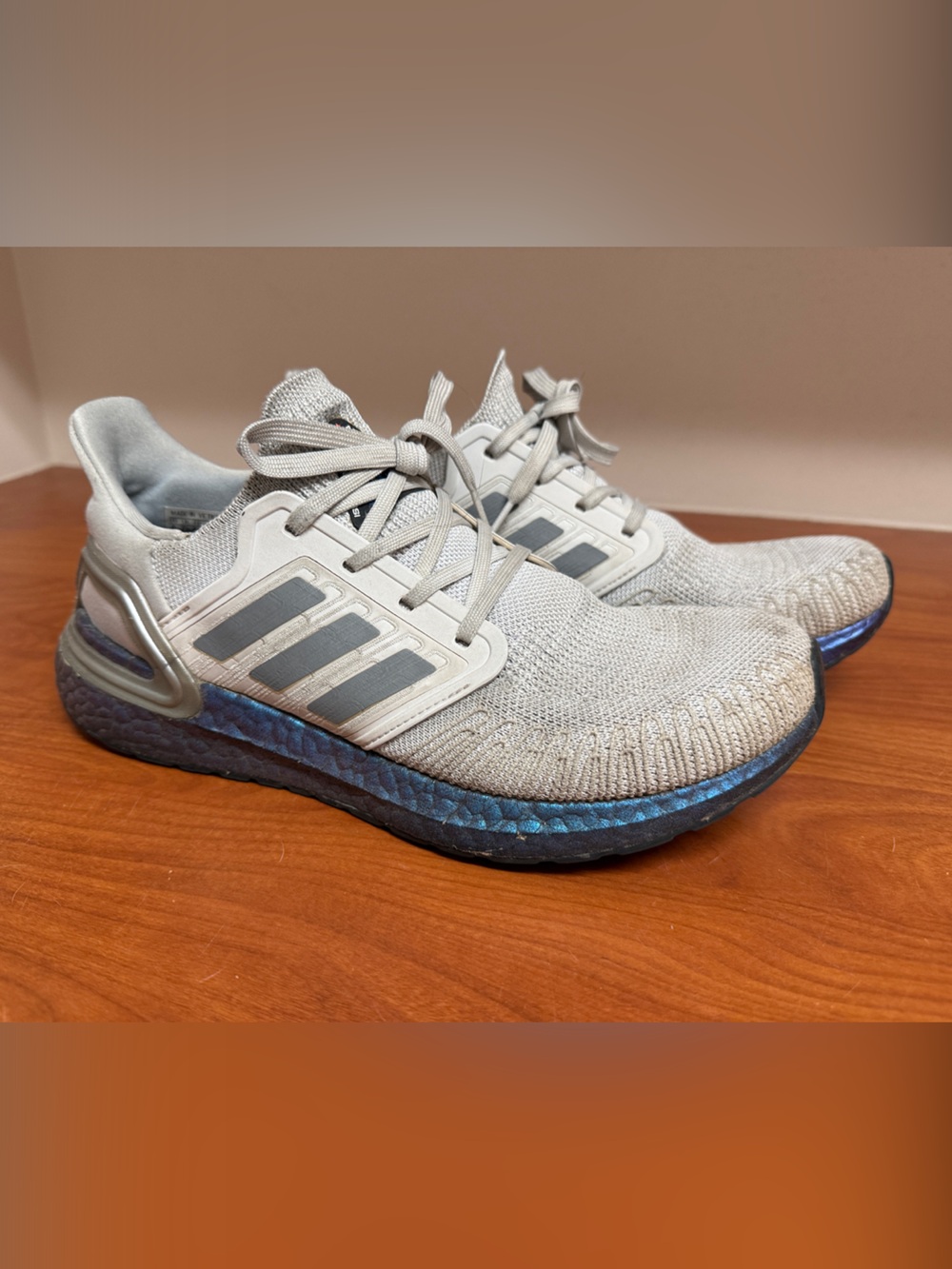 adidas Light Gray Knit Ultraboost Sneakers with Iridescent Blue Sole